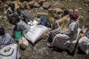 In this Saturday, May 8, 2021 file photo, an elderly Ethiopian woman sits next to a sack of wheat after it was distributed to her by the Relief Society of Tigray in the town of Agula, in the Tigray region of northern Ethiopia