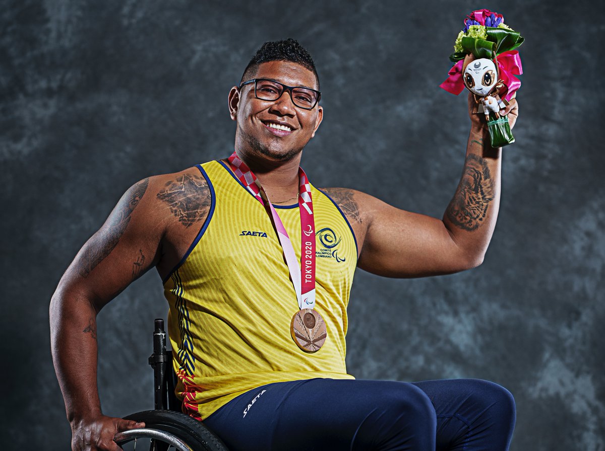 Diego Fernando Meneses Medina of Colombia, bronze medallist in the para athletics Men's Javelin F33, poses for a portrait with his medal around his neck during the Tokyo 2020 Paralympic Games in Tokyo, Japan on Thursday 2 September 2021.