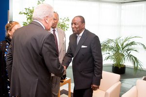 Dimitris Avramopoulos,on the left,Member of the European Commission in charge of Migration, Home Affairs and Citizenship,welcomes Alpha Conde,President of Guinea at the Plenary Session of the European Parliament in Strasbourg,May,29,2018