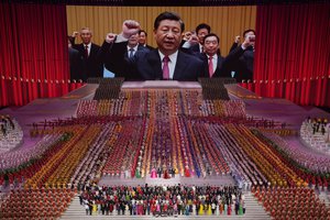 In this June 28, 2021, file photo, Chinese President Xi Jinping is seen leading other top officials pledging their vows to the party on screen during a gala show ahead of the 100th anniversary of the founding of the Chinese Communist Party in Beijing.