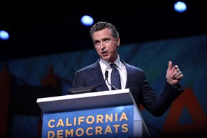 File - Governor Gavin Newsom speaking with attendees at the 2019 California Democratic Party State Convention at the George R. Moscone Convention Center in San Francisco, California, USA, 1 June 2019.