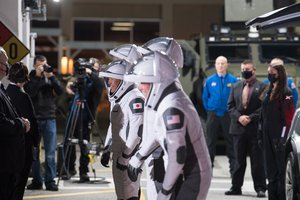 From left to right, ESA (European Space Agency) astronaut Thomas Pesquet, Japan Aerospace Exploration Agency (JAXA) astronaut Akihiko Hoshide, and NASA astronauts Shane Kimbrough and Megan McArthur, are seen as they prepare to depart the Neil  A. Armstrong Operations and Checkout Building for Launch Complex 39A to board the SpaceX Crew Dragon spacecraft for the Crew-2 mission launch, Friday, April 23, 2021, at NASA’s Kennedy Space Center in Florida. NASA’s SpaceX Crew-2 mission is the second crew rotation mission of the SpaceX Crew Dragon spacecraft and Falcon 9 rocket to the International Space Station as part of the agency’s Commercial Crew Program. Kimbrough, McArthur, Pesquet, and Hoshide are scheduled to launch at 5:49 a.m. EDT.