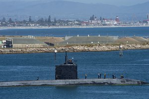 File - The Los Angeles Class fast-attack submarine USS Hampton (SSN 767) gets underway from Naval Base Point Loma for U.S. Pacific Fleet's Unmanned Systems Integrated Battle Problem 21,  San Diego, 19 April, 2021.