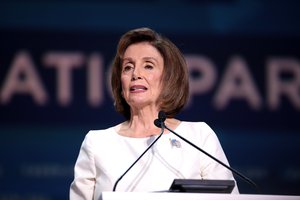 Speaker of the House Nancy Pelosi speaking with attendees at the 2019 California Democratic Party State Convention at the George R. Moscone Convention Center in San Francisco, California