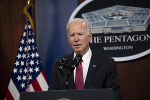 President Joe Biden delivers remarks in a press event with Secretary of Defense Lloyd J. Austin III and Vice President Kamala Harris, the Pentagon, Washington, D.C., Feb. 10, 2021.