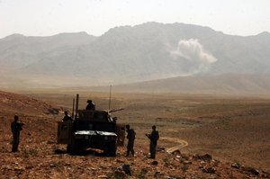 On 25 September 2007, Soldiers of HHC, 2nd Battalion, 508th Parachute Infantry Regiment, occupy a vehicle patrol base of a mountain near the village of Barla, Afghanistan, while a missile's guidance system fails and strikes approximately five meters off course.  