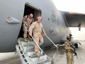 U.S. Marine Corps Gen. Frank McKenzie, the commander of U.S. Central Command, arrives at Hamid Karzai International Airport, Afghanistan on August 17, 2021