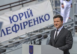 ODESA, Ukraine (July 4, 2021) Ukrainian President Volodymyr Zelensky delivers remarks during the Ukrainian Navy day part of Exercise Sea Breeze 2021, July 4, 2021.