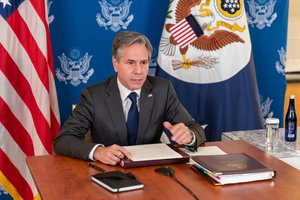 Secretary of State Antony J. Blinken delivers closing remarks at the Virtual COVID-19 Summit on the margins of the 76th session of the UN General Assembly (UNGA 76) in New York, New York, on September 22, 2021.