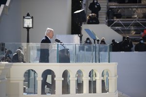 President Joe Biden address the crowd and nation during the 59th Presidential Inauguration ceremony in Washington, Jan. 20, 2021.