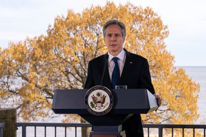 Secretary of State Antony Blinken delivers a speech on American Leadership on Climate, in Annapolis, Maryland on April 19, 2021.