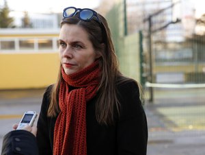 Katrin Jakobsdottir leader of the Left-Green Movement speaks to member of the media in Reykjavik, Iceland