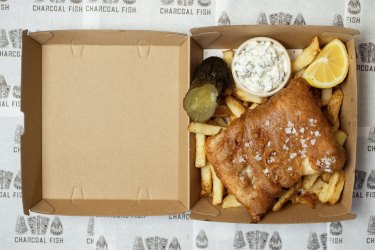 Fish and chips served at Josh Niland’s new Charcoal Fish takeaway in Rosebay, Sydney on September 16, 2021. Photo: Dominic Lorrimer