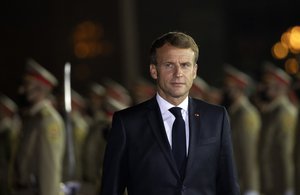 French President Emmanuel Macron arrives at Irbil international airport, Iraq, early Sunday, Aug. 29, 2021