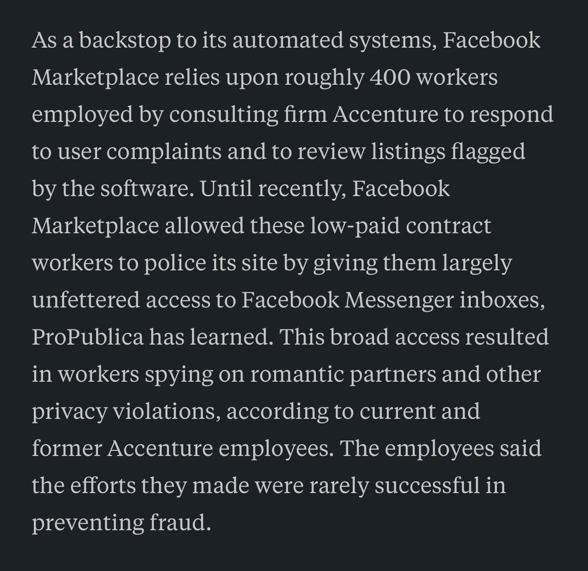 Accenture contract workers spied on romantic partners after being granted unfettered access to Facebook Marketplacr