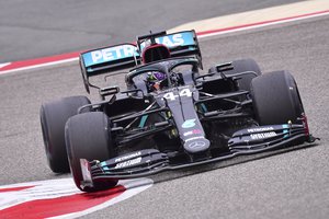 Mercedes driver Lewis Hamilton of Britain steers his car during the first free practice at the Formula One Bahrain International Circuit in Sakhir, Bahrain, Friday, Nov. 27, 2020