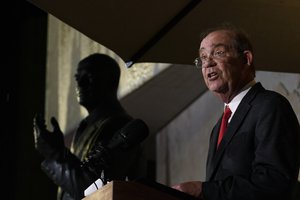 David Eisenhower, grandson of former president Dwight D. Eisenhower, speaks during the Eisenhower Memorial dedication ceremony in Washington, Thursday, Sept. 17, 2020