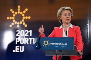 On 8 May 2021, Ursula von der Leyen, President of the European Commission, gives a press conference during the EU-India Leaders' Meeting, in Porto, Portugal.