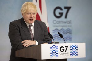 File - Prime Minister Boris Johnson host a press conference at the end of the G7 Leaders Summit in Carbis Bay, Cornwall, England.