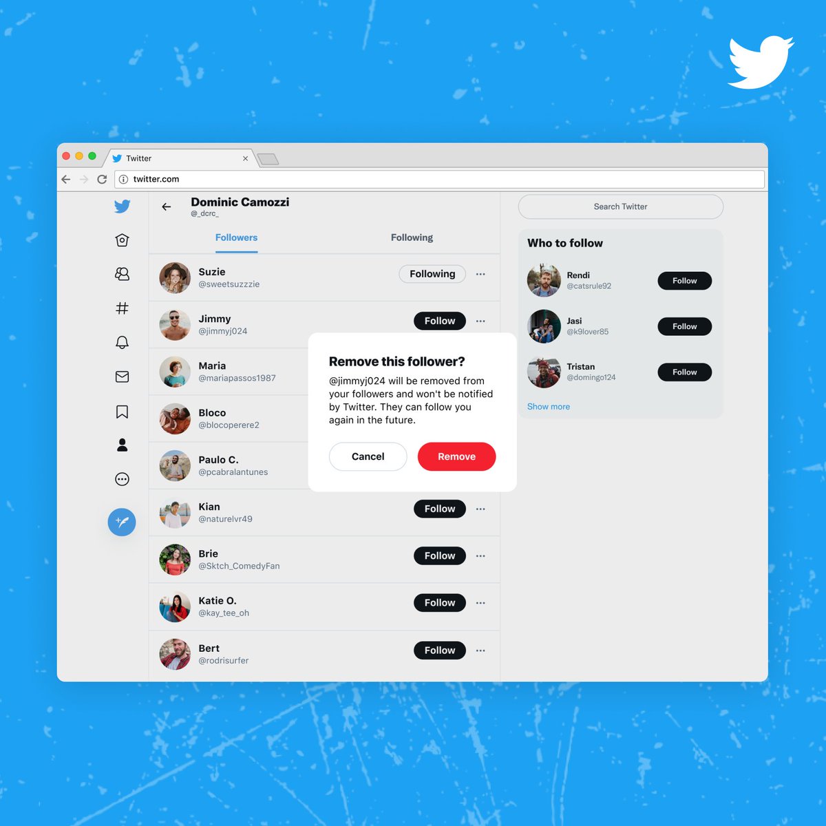 The web version of a profile’s followers list with a follow up prompt that says “Remove this follower?” which includes more details and two buttons that say “Cancel” and “Remove”.