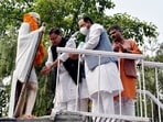 Uttarakhand Chief Minister Pushkar Singh Dhami pays floral tribute to the statue of Mahatma Gandhi on his 152nd Birth Anniversary, in Dehradun.