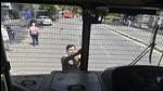 A BEST employee checks the protective net tied to public transport bus as precaution for bandh called by Maharashtra Vikas Aghadi, at Walkeshwar, on Sunday. (Anshuman Poyrekar/HT Photo)