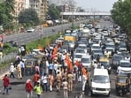 Shiv Sena workers protest on the Eastern Express Highway during Maharashtra Bandh at Vikroli in Mumbai.(Satish Bate/HT Photo)