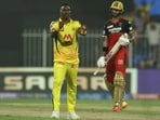 Dwayne Bravo celebrating Virat Kohli's wikcet during IPL 2021 match no. 34 in Sharjah(iplt20.com)