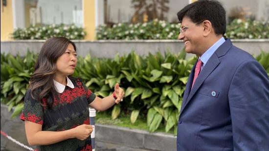 India’s commerce minister Piyush Goyal with Canada’s international trade minister Mary Ng on the sidelines of a G20 meeting in Sorrento, Italy on Monday. (Mary Ng/ Twitter)