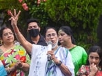 West Bengal chief minister and TMC candidate from Bhabanipur contituency Mamata Banerjee after her victory in bypolls, at her Kalighat residence in Kolkata, on Sunday. (PTI)