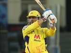 MS Dhoni muscles one through the covers. (CSK/Twitter)