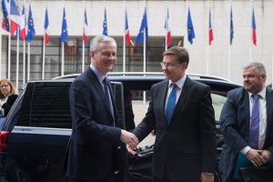 Bruno Le Maire, Minister of Economy and Finance in France, on the left,is welcomed by Valdis Dombrovskis,Vice-President of the European Commission in charge of the Euro, Social Dialogue, Financial Stability, Financial Services and Capital Markets Union in Paris,France,April,09,2018