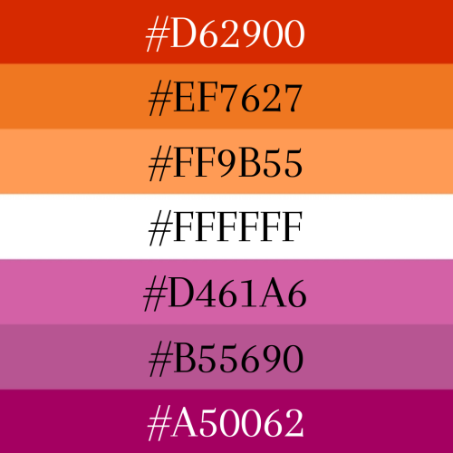 the red orange and pink lesbian flag with the specific hex color codes over each stripe.