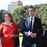 NSW Treasurer Matt Kean, Chair of Domestic Violence NSW Annabelle Daniel and Premier Dominic Perrottet at the domestic violence announcement.