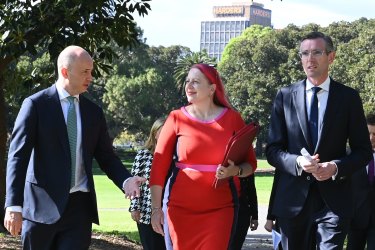 NSW Treasurer Matt Kean, Chair of Domestic Violence NSW Annabelle Daniel and Premier Dominic Perrottet at the domestic violence announcement.