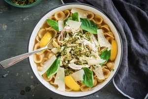 Pesto chicken, lemon and pasta soup.