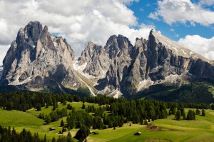 Alpe di Siusi - which at about 1800 metres is Europe's largest high plateau - looking across to two rocky peaks, Sasso ...