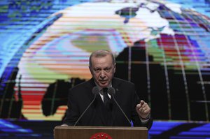 Recep Tayyip Erdogan speaks during a ceremony for the opening of " Nation's Library " in Ankara, Turkey