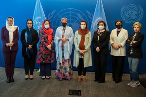 Deputy Secretary-General Amina Mohammed (centre left) meets with a delegation of women from Afghanistan, 20 October, 2021.