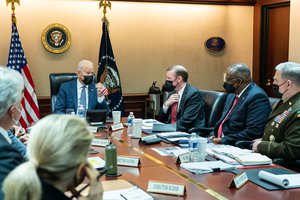 File - President Joe Biden and Vice President Kamala Harris meet with security advisers about intelligence, security, and diplomatic updates on the evolving situation in Afghanistan, Friday, August 20, 2021, in the White House Situation Room.