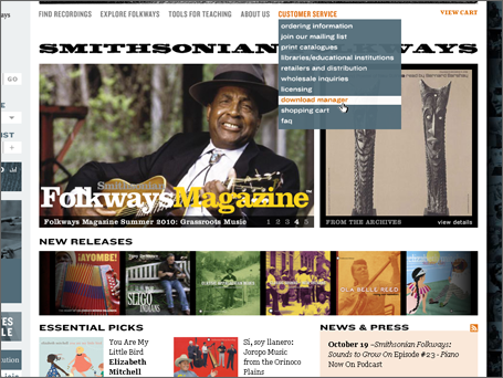 3. The Folkways web site has a permanent link to Download Manager underneath the Customer Service menu.