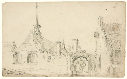 Jan van Goyen, ‘Village church with turret, arched gateway and a house’, 1650