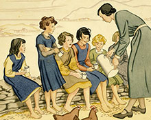 Drawing of a woman in long-sleeved dress pouring drinks from a pitcher for a line of seated schoolgirls. Three chickens peck at the grass in the foreground.