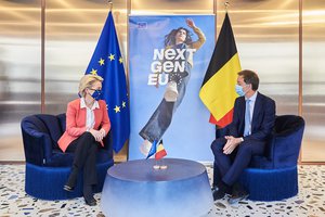 Image showing President of European Commission Ursula von der Leyen visits Brussels to present the Commission’s assessment of the national recovery plan under NextGenerationEU in presence of Alexander De Croo, Brussels, Belgium, June 23, 2021.