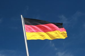 The Flag of Germany flying aganist a Blue Sky in Moabit, Berlin, 23 August 2012