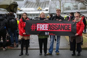 File - Reporters Sans Frontières (Reporters Without Borders) demonstrate in London in support of WikiLeaks founder Julian Assange, currently imprisoned in Belmarsh, London. The US is trying to extradite Assange to face espionage charges.