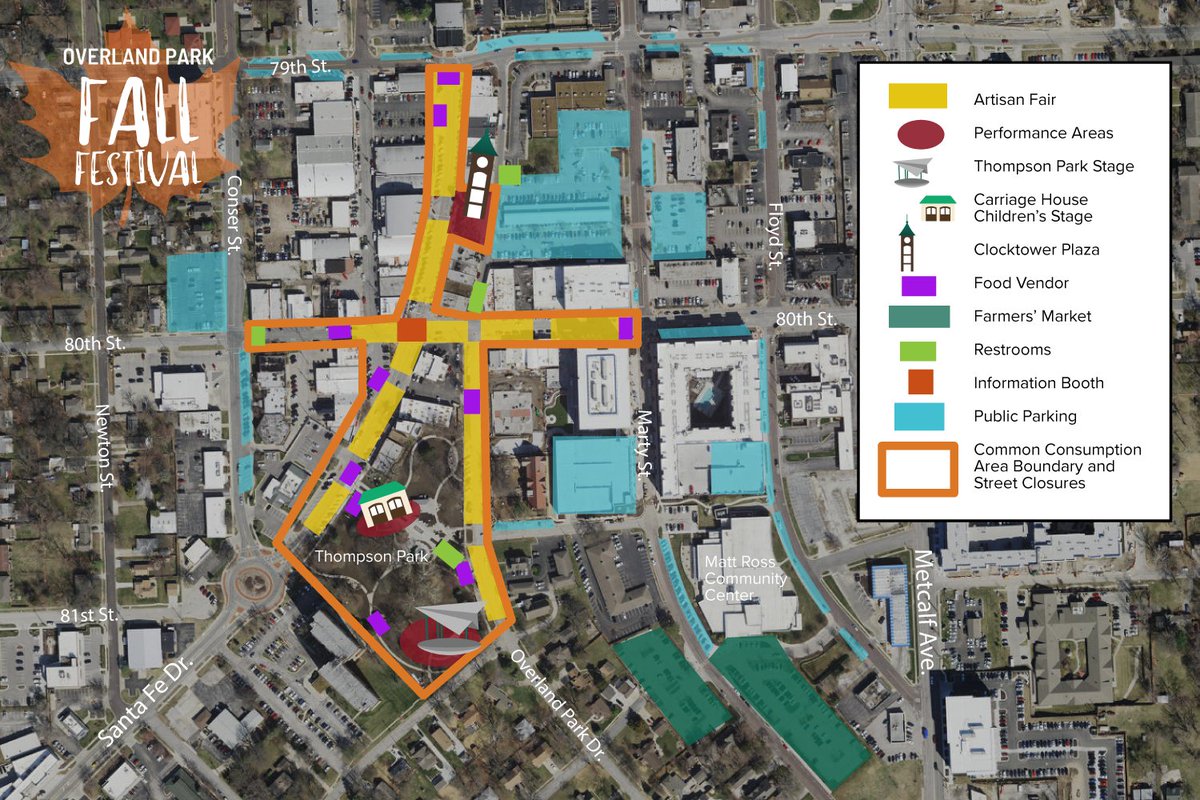 Map showing locations in Downtown Overland Park for the fall festival artisan fair, performance stages, food vendors, farmers' market, restrooms, parking and street closures.