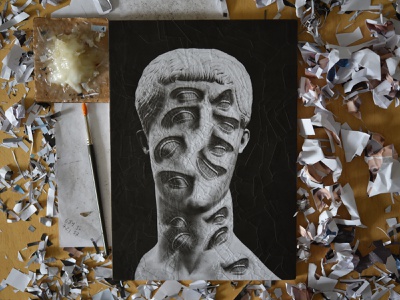 Tiberius, studio process eyes paper collage portrait studio