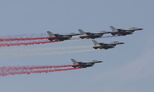 South Korean Air Force KF-16 fighters fly by during the press day of the Seoul International Aerospace and Defense Exhibition 2019 at the Seoul Military Airport in Seongnam, South Korea, Monday, Oct. 14, 2019.