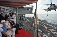 PM Modi witnessing the Naval show - Air show aboard INS Vikramaditya